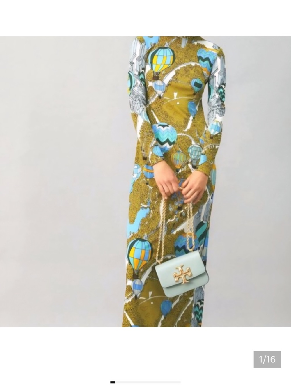 Tory Burch Olive Maxi Dress with Sky Blue & White Hot-Air Balloon Print